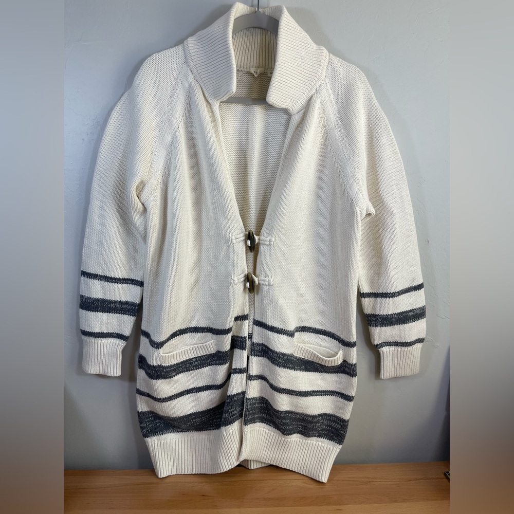 GAP Women’s White Navy Long Knit Cardigan Coastal Nautical Cotton Size L